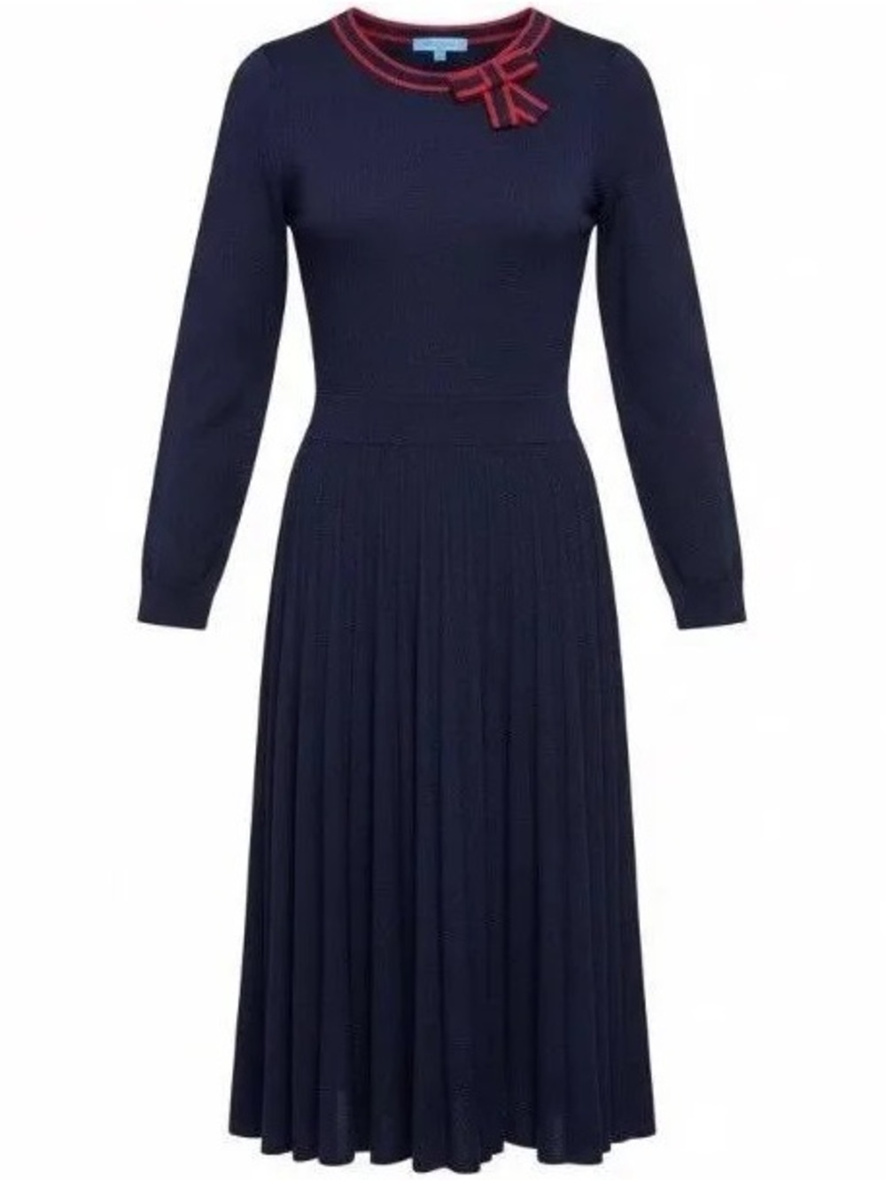 DRAPER JAMES Navy Long-Sleeve Pleated Dress with Red Trim BNWT